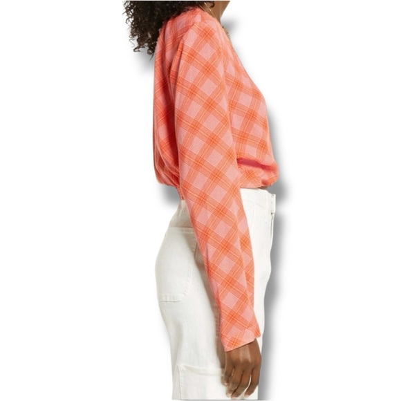 BP Vibrant Coral/Pink/Orange Plaid Long Sleeve V Neck Cropped Wrap Blouse - Picture 4 of 16